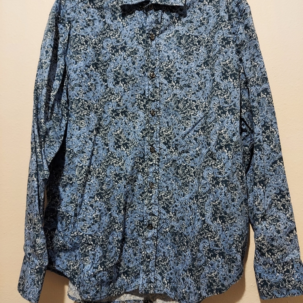 J Campbell Button Up Men's Dress Shirt Navy Blue Paisley Size  XL Spread Collar